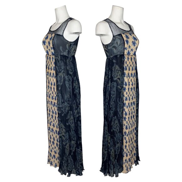 Sundance Maxi Dress 2 Blue Floral Colorblock Pleated Sleeveless Coastal Bohemian - Picture 2 of 12